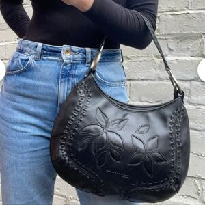 Black Leather Kenneth Cole Shoulder Bag Floral Stitched Purse Handbag NWT